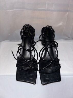 PrettyLittleThing Black Strappy Square Toe Lace-Up Heels